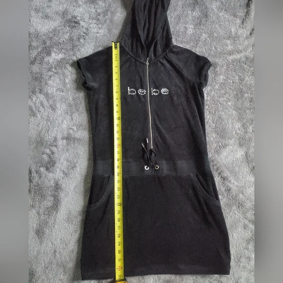 BEBE Black Velour With Rhinestone Y2K Hooded Dress Size M - Picture 10 of 12